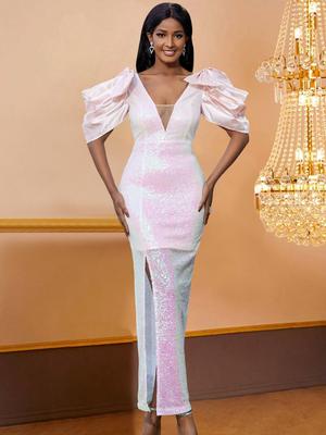 Rosa V-hals kjoler Paljetter Høy midje Sexy Slit Glitter Luksus Kveld Bursdag Bryllup Event Fest Ball Antrekk for kvinner