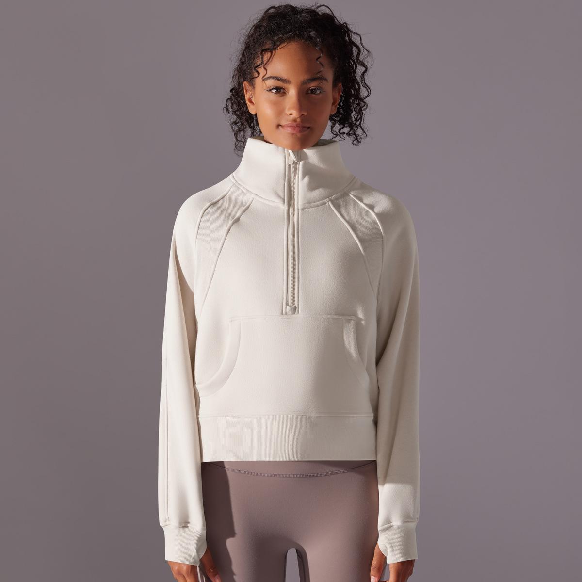 

New Stand Up Collar Sports Yoga Hoodie With Thick Velvet For Autumn And Winter, Half Zipper Loose Long Sleeved Top, Fitness Jacket For Women S