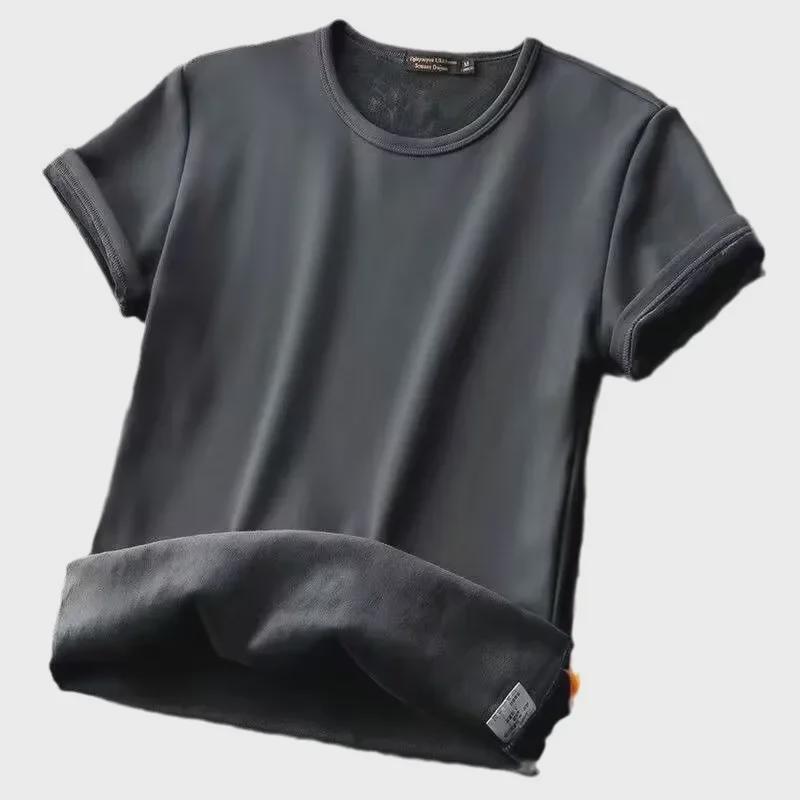 Men's Autumn Slim Fit Round Neck Thickened Solid Color Short-Sleeve T-Shirt with Velvet, Large Size.