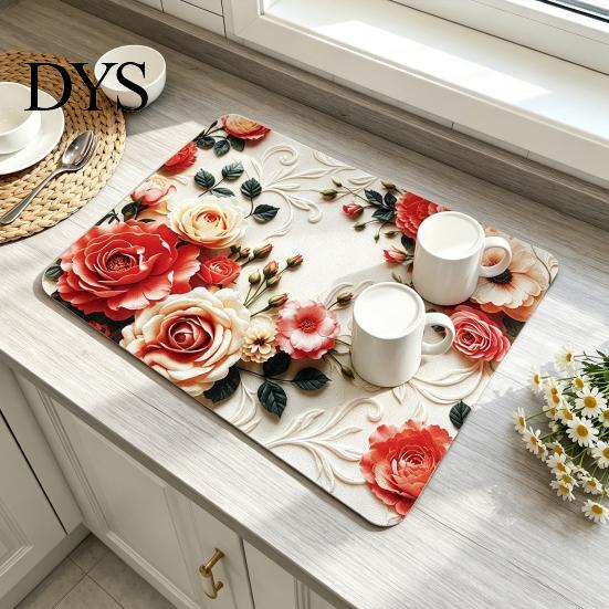 Non Slip Hot Pot Trivet Floral Dish Drying Mat, Absorbent Diatomaceous Earth Anti Scalding Easy Clean Kitchen Accessories Countertop Protector,