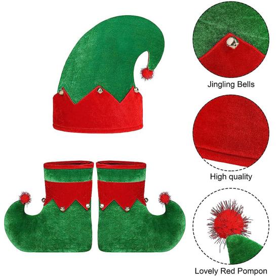 Kids Christmas Elf Costume Green Velvet Dress with Hat Shoes & Accessories for Boys Girls Holiday Play Outfit for School Performances Parties