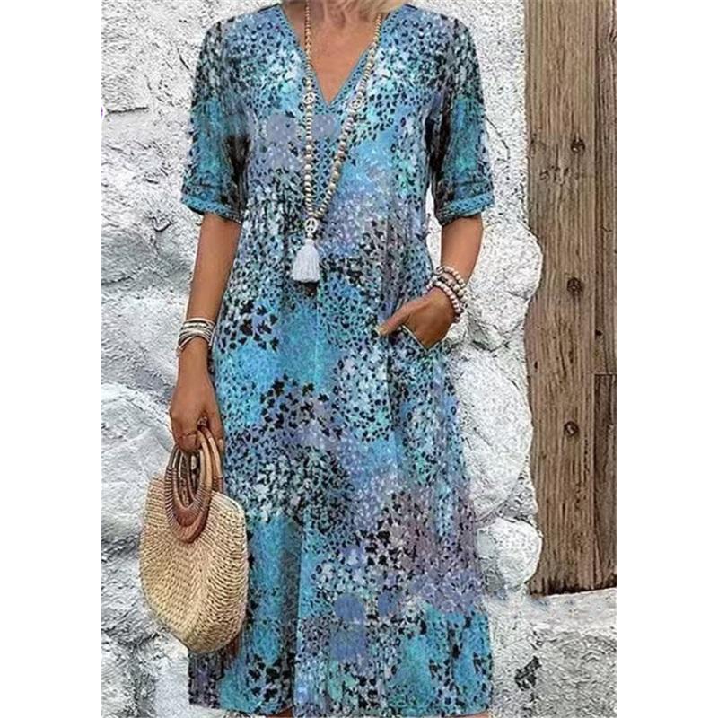 

Women Boho Floral Print Maxi Dress V Neck Short Sleeve Casual Loose Tunic Dress With Pockets Summer Beach Dress L синий