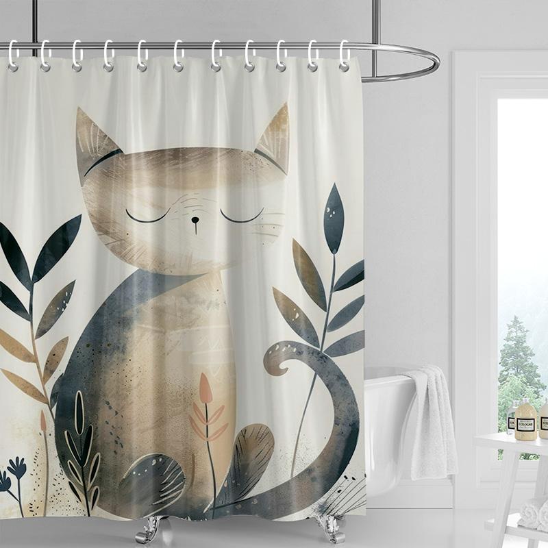 Cartoon cat waterproof shower curtain home decoration bathroom partition shower curtain 180x 200cm with 12 hooks