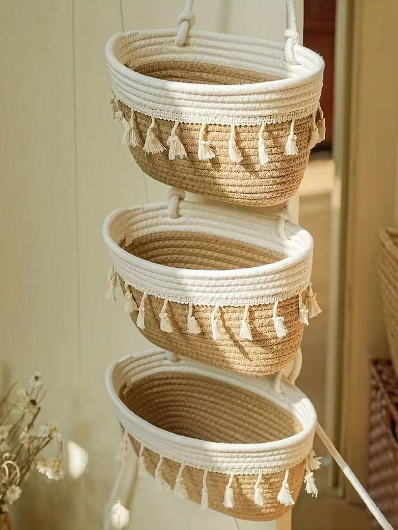 

hree-layer double coffee color tassel hanging basket Storage basket,storage objects wall hanging bag woven wall hanging