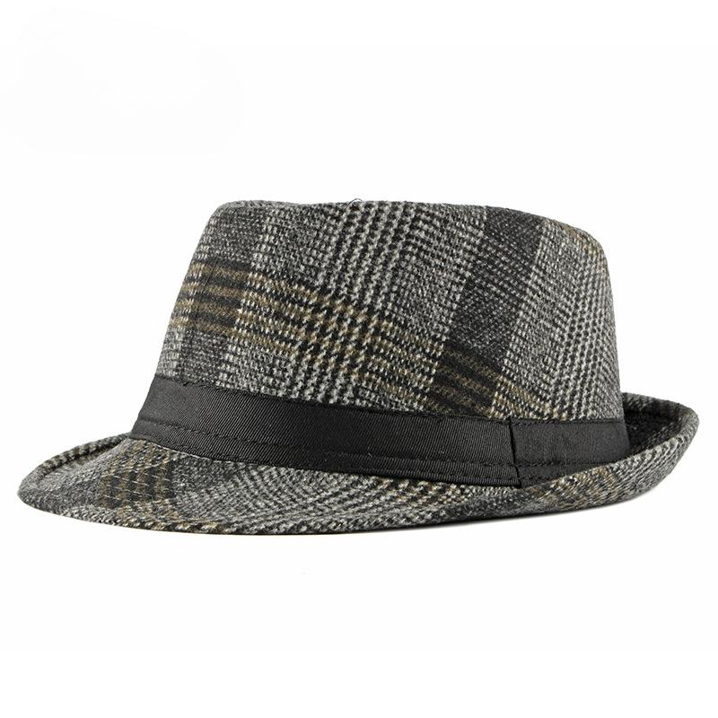 Frühling Sommer Neu Vintage Karierter Zylinder Herren Mittelalterliche und Ältere Wollener Gentlemanhut Jazzhut schwarz