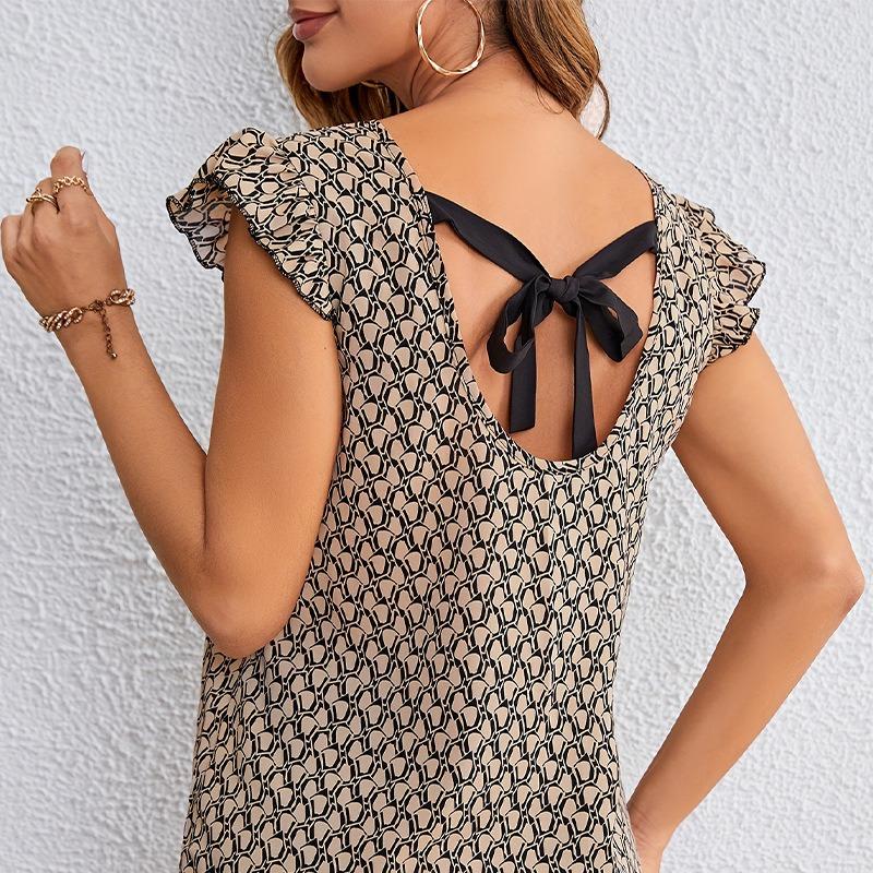 Ladies Temperament Mullet Sleeve Shirt Floral Round Neck Tie Blouse Pullover Top