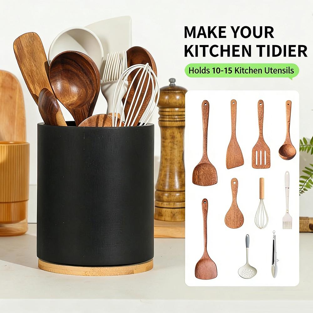 

Acacia Wood Cutlery Holder 360° Rotating Utensil Storage Box Portable Storage Rack Countertop Use Black