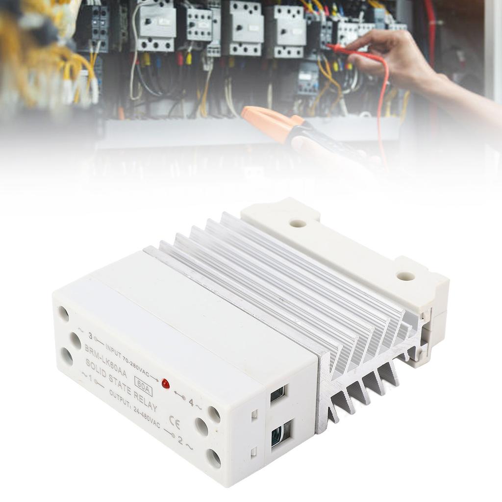 Single Phase SSR Module, 60A   State Relay, 70-280V AC to 24-480V AC, with Heat Sink for Standard 35mm Rail Mounting Design, Moisture Resistance