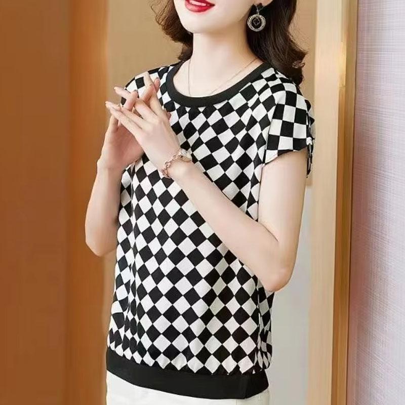New Summer Printed Chessboard Plaid Ice Silk T-shirt Women's Short-sleeved Middle-aged Mother Loose Large-size Top