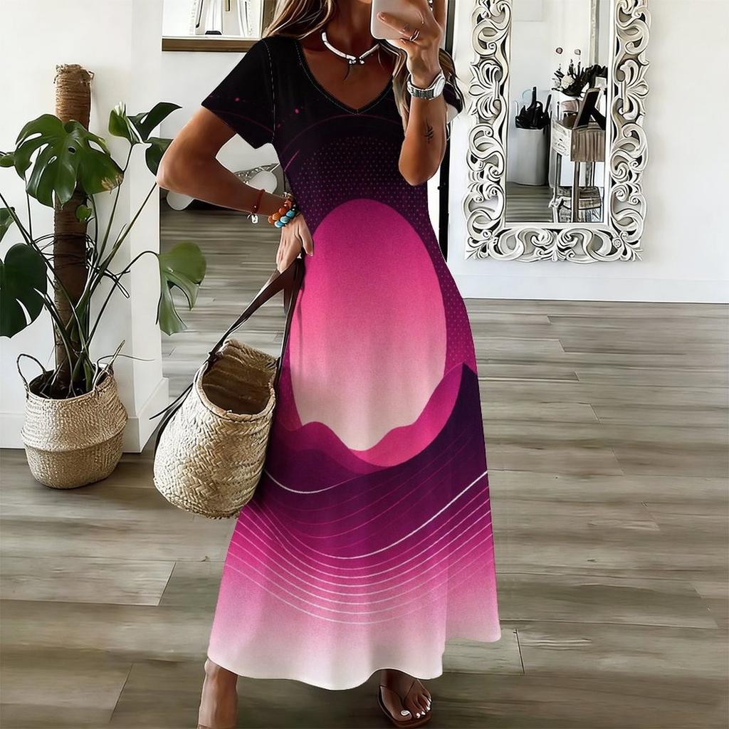 Women Plus Size V Neck Short Sleeve Colorful Swirl Printed Long Maxi Dress