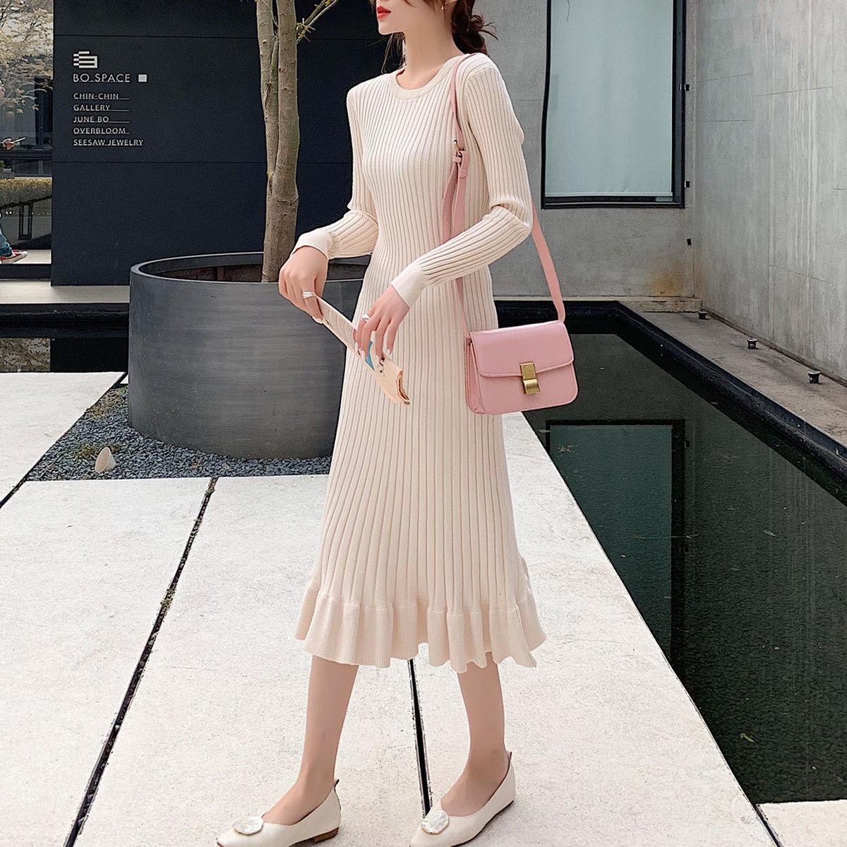 

Тонкое женское платье-свитер, сексуальный черный трикотаж, эластичные длинные платья русалки, зимний корейский халат, винтажная модная женская одежда 2XL бежевый