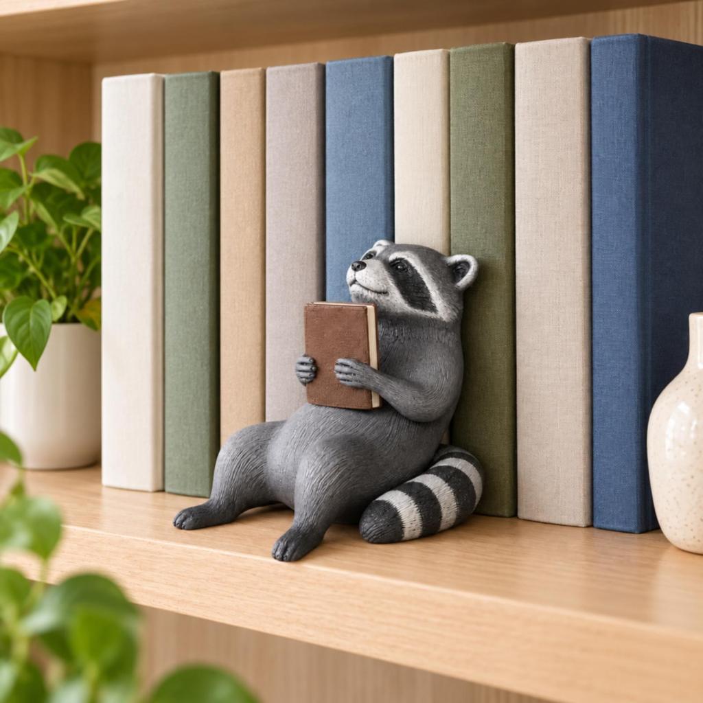 Sculptural Raccoon Bookend Cute Heavy Duty for Office