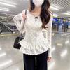 Korean sweet style white polka dot long-sleeved bottoming shirt women's spring and autumn slim and thin hem lace top