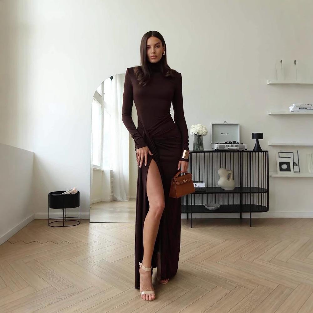 2025 Spring European and American Women's Solid Color Semi-High Neck Waist-Hugging Fashion Dress