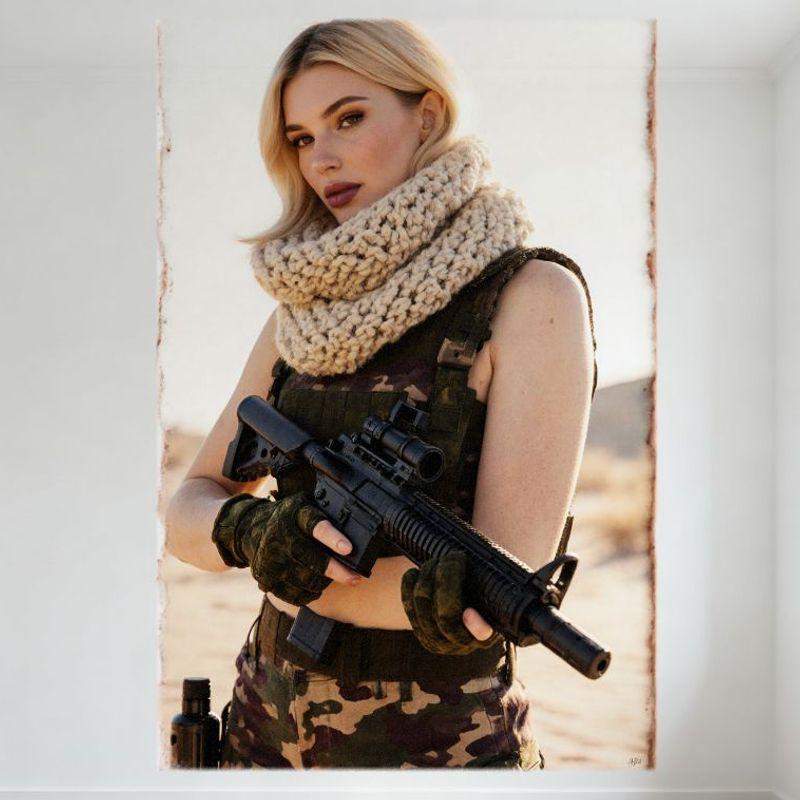 

Sexy Blonde Woman in Camo Tactical Outfit with Assault Rifle Desert Landscape Metal Tin Sign for Wall Decor, Home Bar Pub Vintag 20x30cm（7.8x11.8inch）