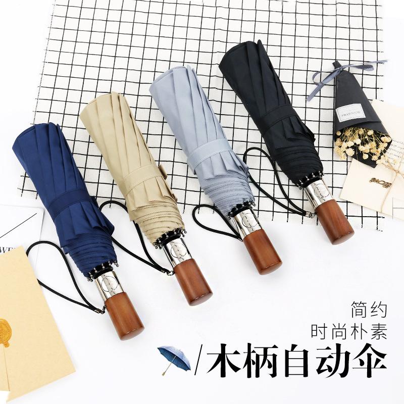 Ten-bone windproof umbrella three-fold automatic rain folding umbrella men's solid wood retro gentleman umbrella