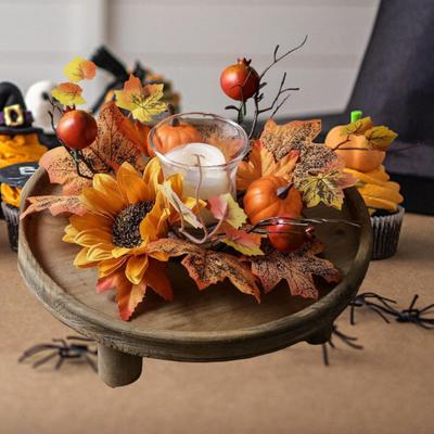 Couronne Anneau de Bougie en Soie Multicolore Décorations de Feuilles d'Érable Artificielles pour Fête d'Automne Mariage Anniversaire Centre de Table