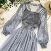 Spring Autumn  New Long Dresses Chic Sweet Temperament Women's  Net Yarn Dress