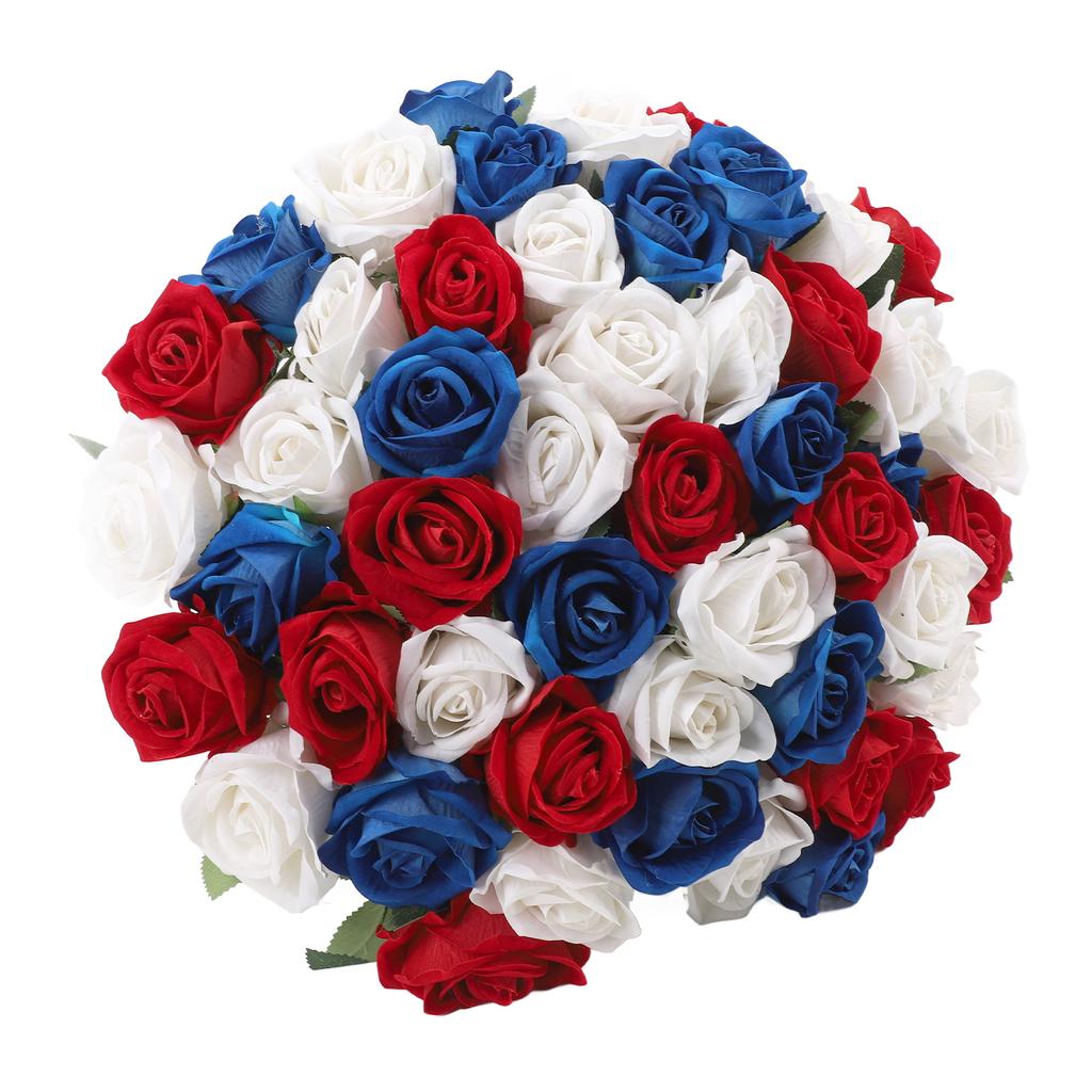 50-teiliges Set Künstliche Rosen Rot Blau Weiß Realistischer Rosenstrauß für Tischdekoration Gedenkfeier