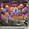 2D Happy 50th Birthday Photography Backdrop, Glow Neon Party Background