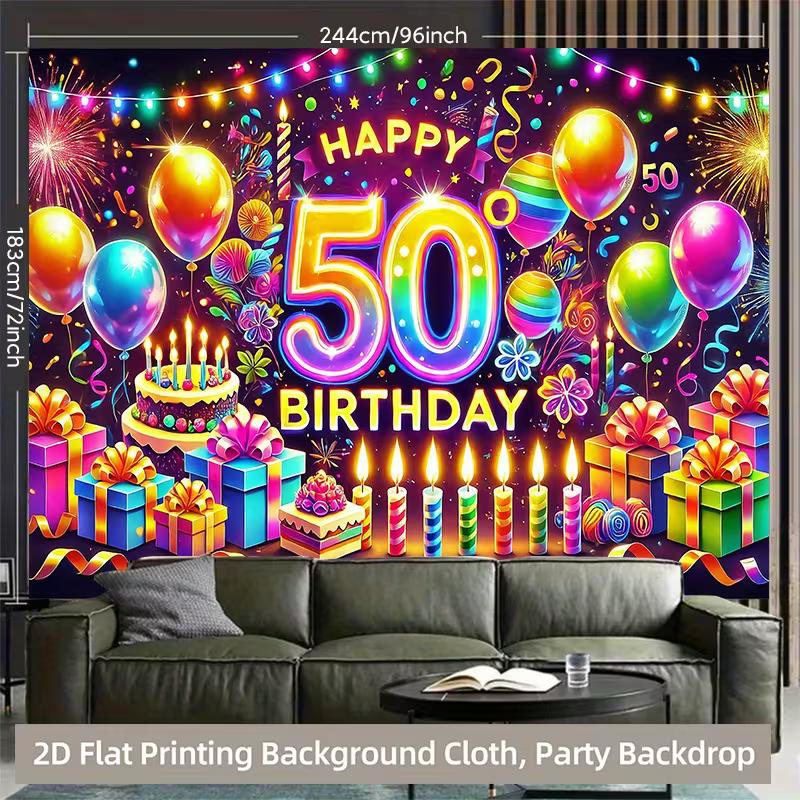 2D Happy 50th Birthday Photography Backdrop, Glow Neon Party Background