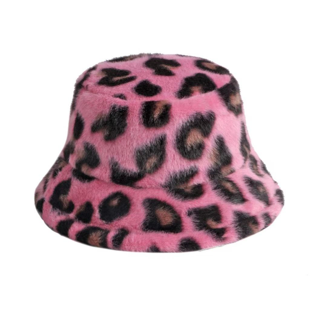 Leopard print bucket hat women's winter versatile warm face small plush basin hat plush foreign style hat