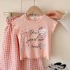 Girls Summer Princess Outfit Cute Cartoon Print Short Sleeve T Shirt And Plaid Shorts Two Piece Set Kids Clothing