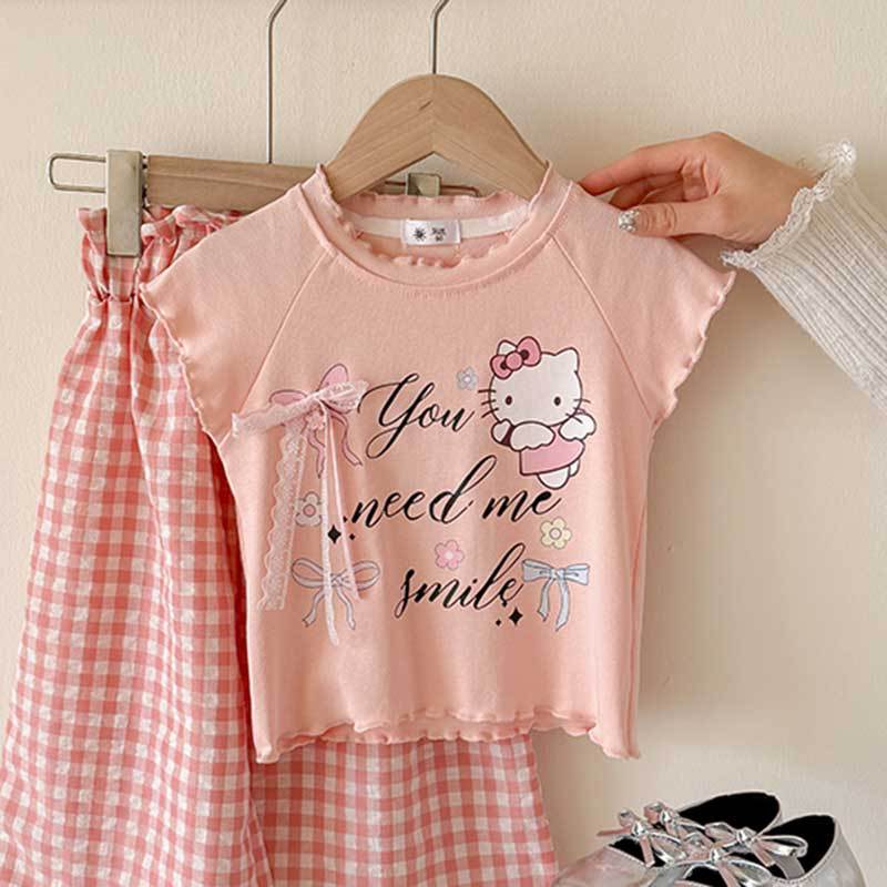 Girls Summer Princess Outfit Cute Cartoon Print Short Sleeve T Shirt And Plaid Shorts Two Piece Set Kids Clothing 90cm