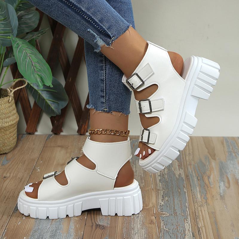 Fashion Women's Punk Platform Wedge Sandals 2024 Summer Fashionable and Comfortable PU Leather Buckle Anti-Slip Roman Shoes Plus Size