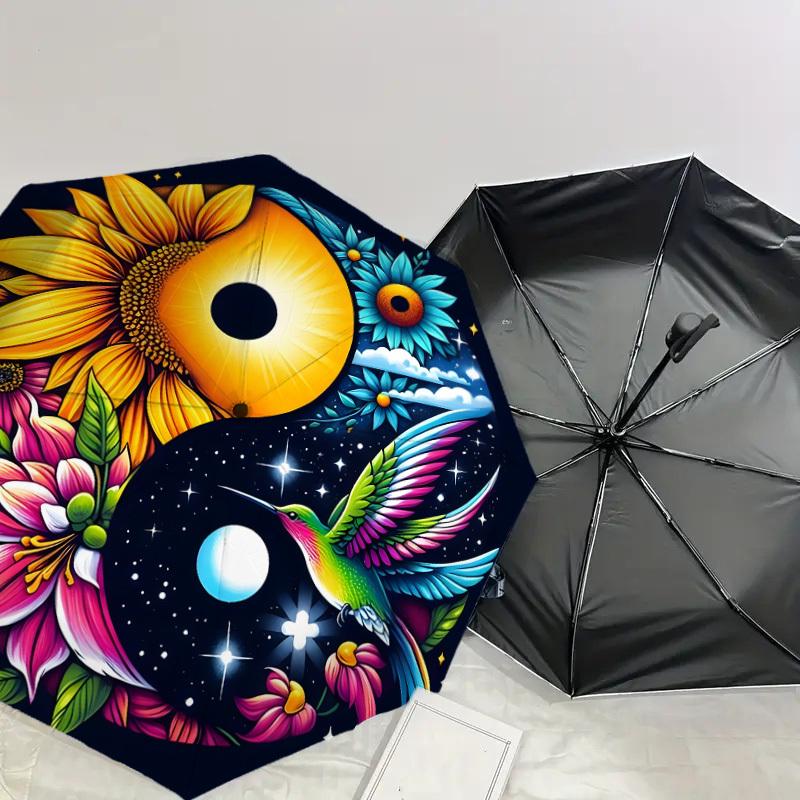 1pc Yin Yang Harmony Flowers Hummingbird Umbrella with Plastic Handle,Suitable for All Seasons Home Travel Outdoor UmbrellaDD1105