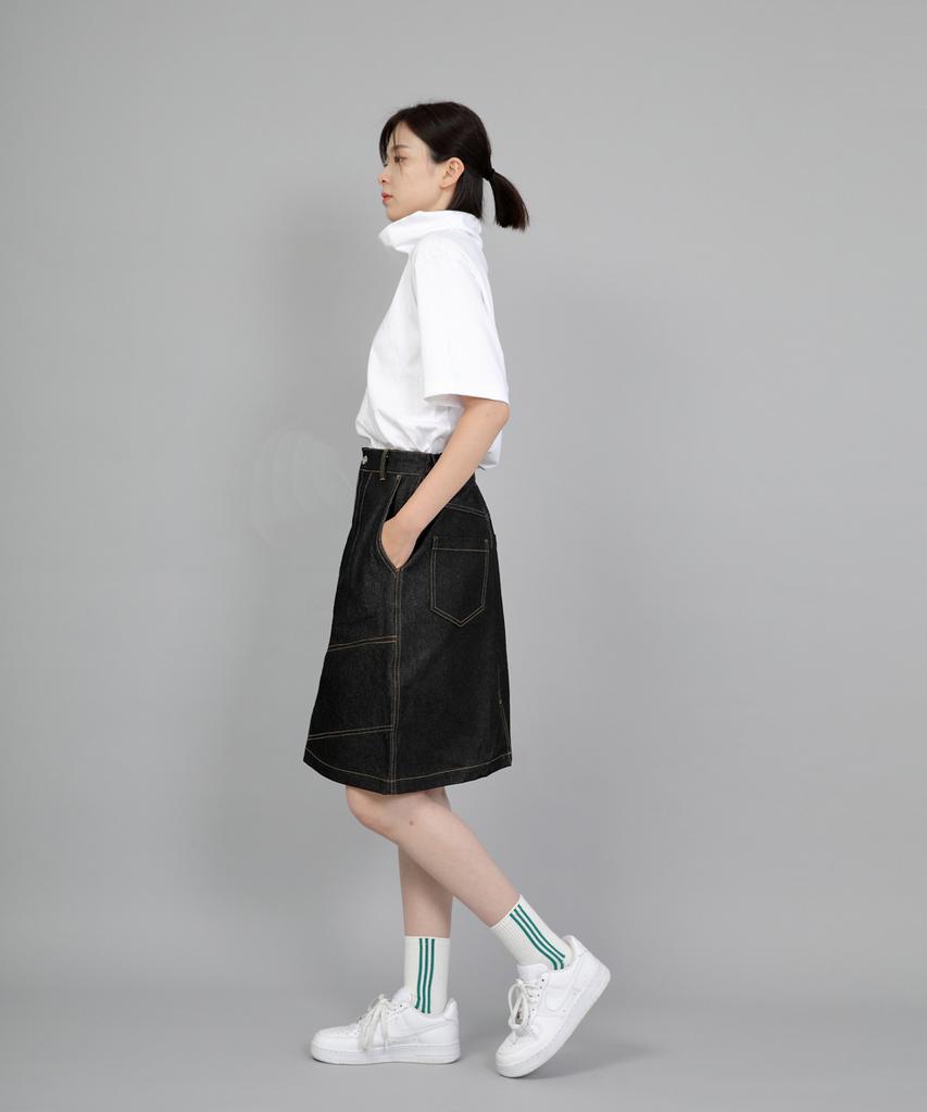 Seinteukeulu Wide Dome Half-Band Midi Skirt Wdm-1305 Black Denim Brs