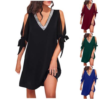Vestido feminino de verão de cor sólida com lantejoulas e decote em V vestido sem alças de manga curta