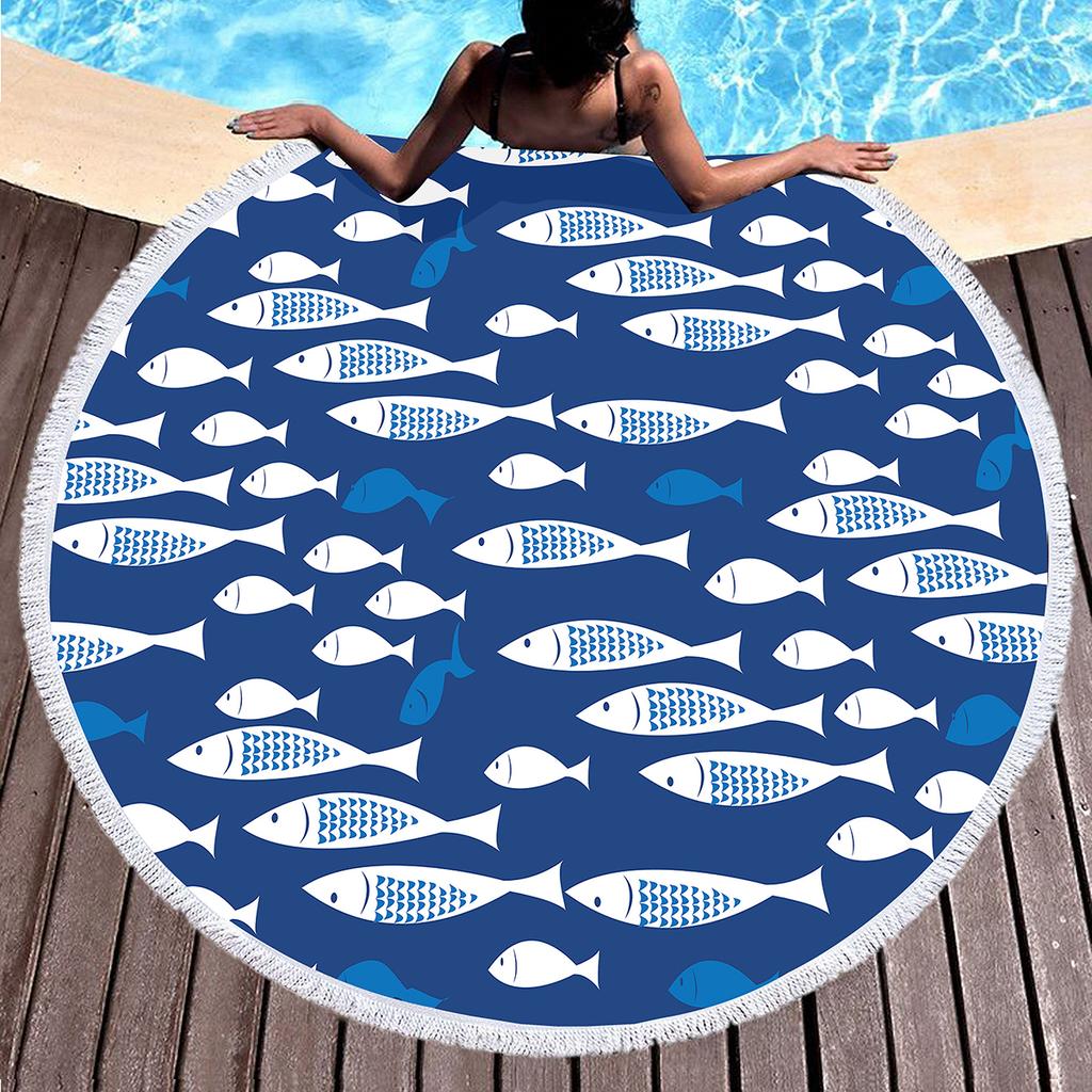Fish Print Round Beach Towels Soft Microfiber Ocean Animal Print Beach Blanket Quick Dry Pool Towel Picnic Mat For Teens Adults