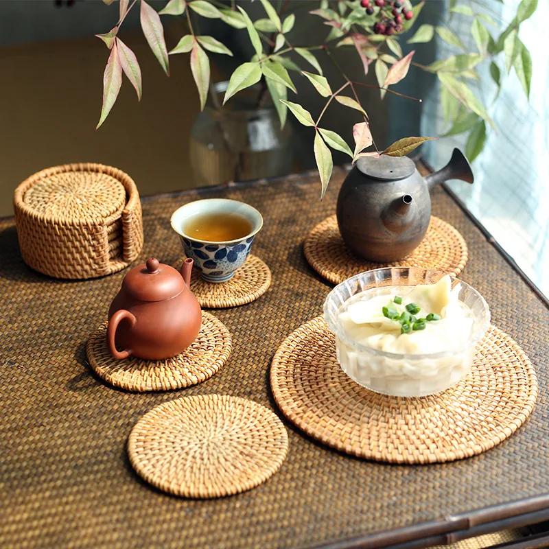 1Pc PVine Woven Coasters, Tea Mats, Cup Holders, Iron Pots, Heat-resistant Tea Cups, Plates, Circular Pot Mats