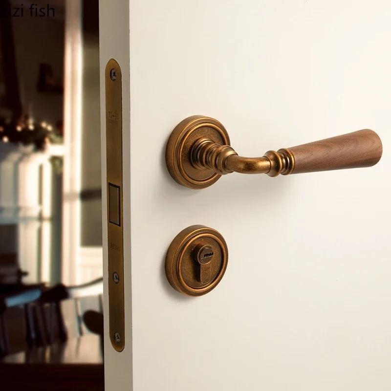 Zinc Alloy Door Lock Walnut Wood Handle Room Magnetic Lock Indoor Silent Lock Secure Split Locks Door Hardware Accessories