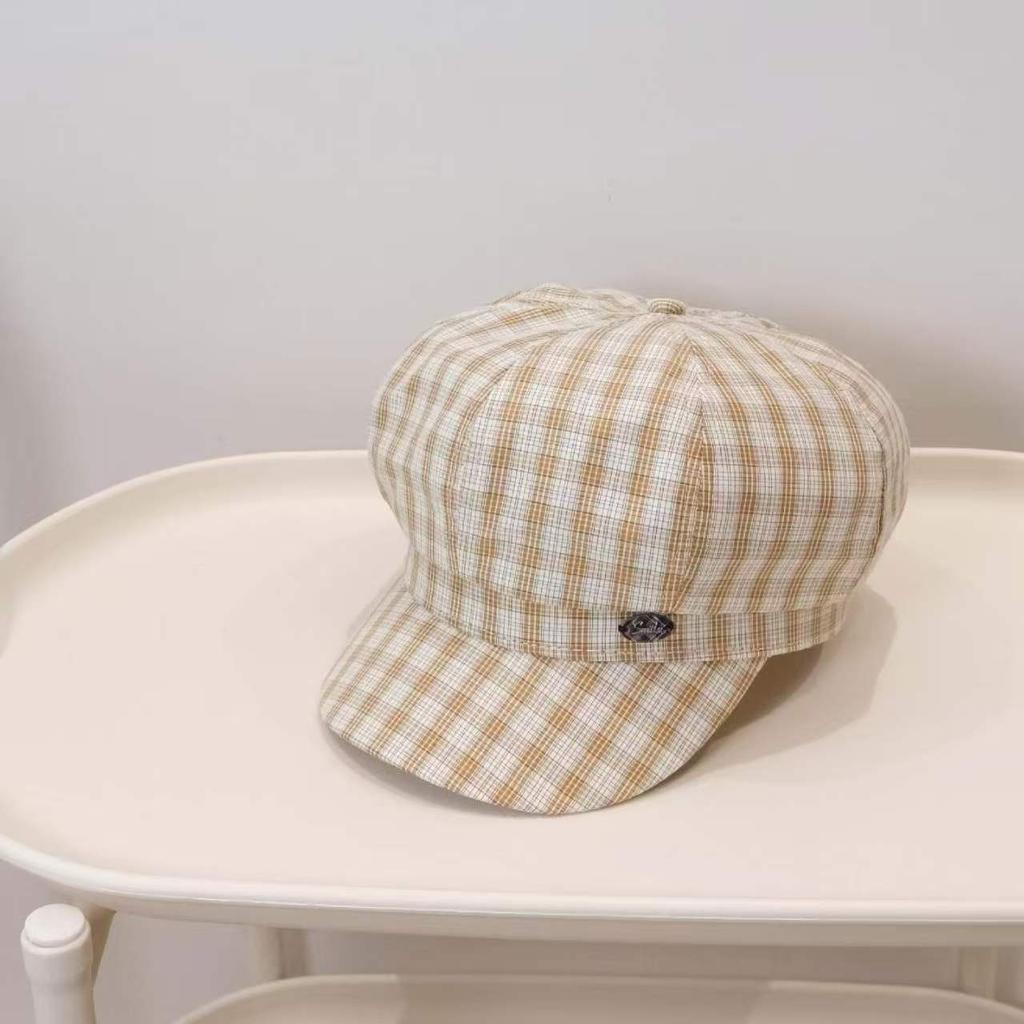 New Vintage Plaid Octagonal Beret Hat Women Cute Metal Label Cloud Beret Newsboy Cap All-Match Spring Summer
