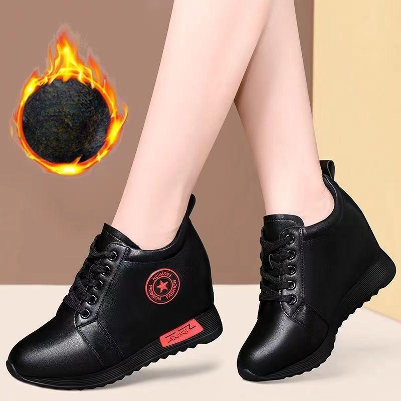 Women Leather Platform Sneakers Wedges Vulcanized Shoes Lace-up Comfortable Sneakers Round Toe Waterproof Non-slip Casual Shoes
