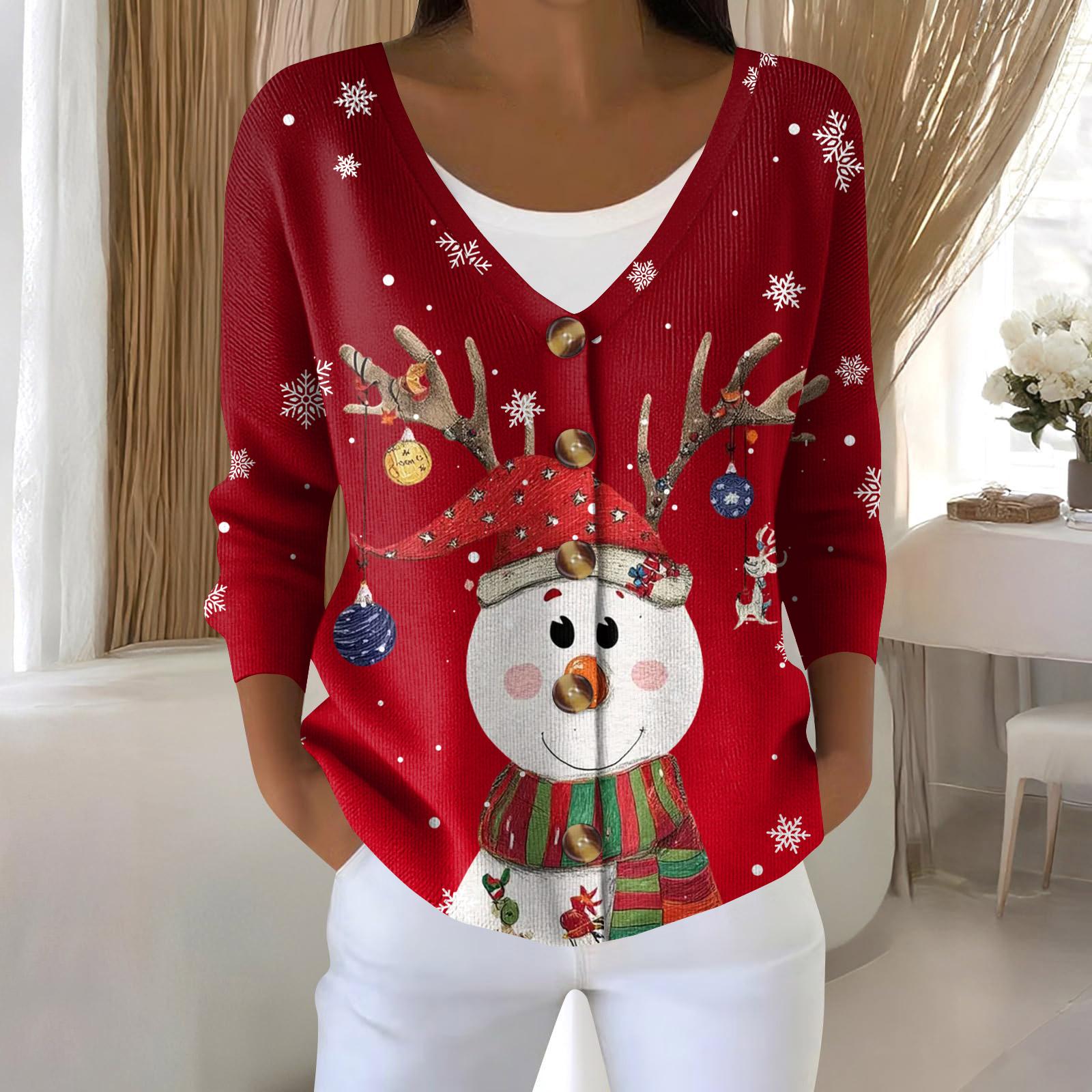 

Женская мода с длинным рукавом, рождественский принт «Снеговик-снежинка», куртка, кардиган XXL винный