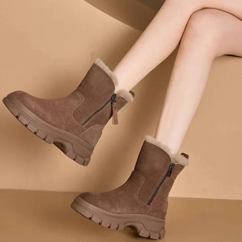 Women's Snow Boots Winter Solid Color Plush Female Snow Boots Zipper Thick Bottom Anti Slip Warm Cold Proof Cotton Shoes