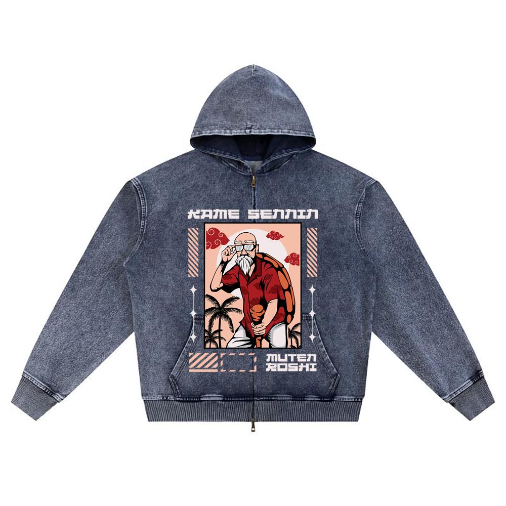 DTG print Knitted Denim Zip-Up Hoodie anime streetwear Brother Print Zipper Hoodies  