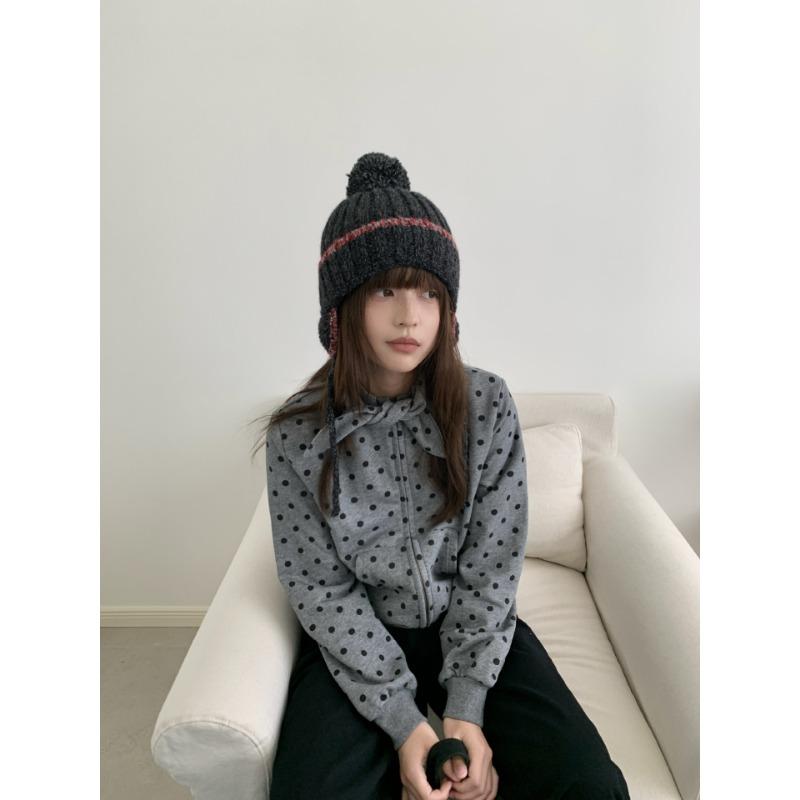 Fashion Knit Hat With Ear Flaps Tie Pom Pom Warm Winter Hat