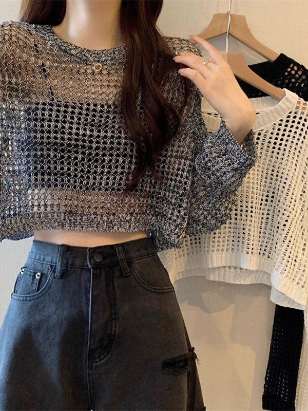 Dámský lehký prolamovaný kardigan s ochranou proti slunci - Móda jaro/léto 2025, Volný střih, Krátký zeštíhlující přehoz