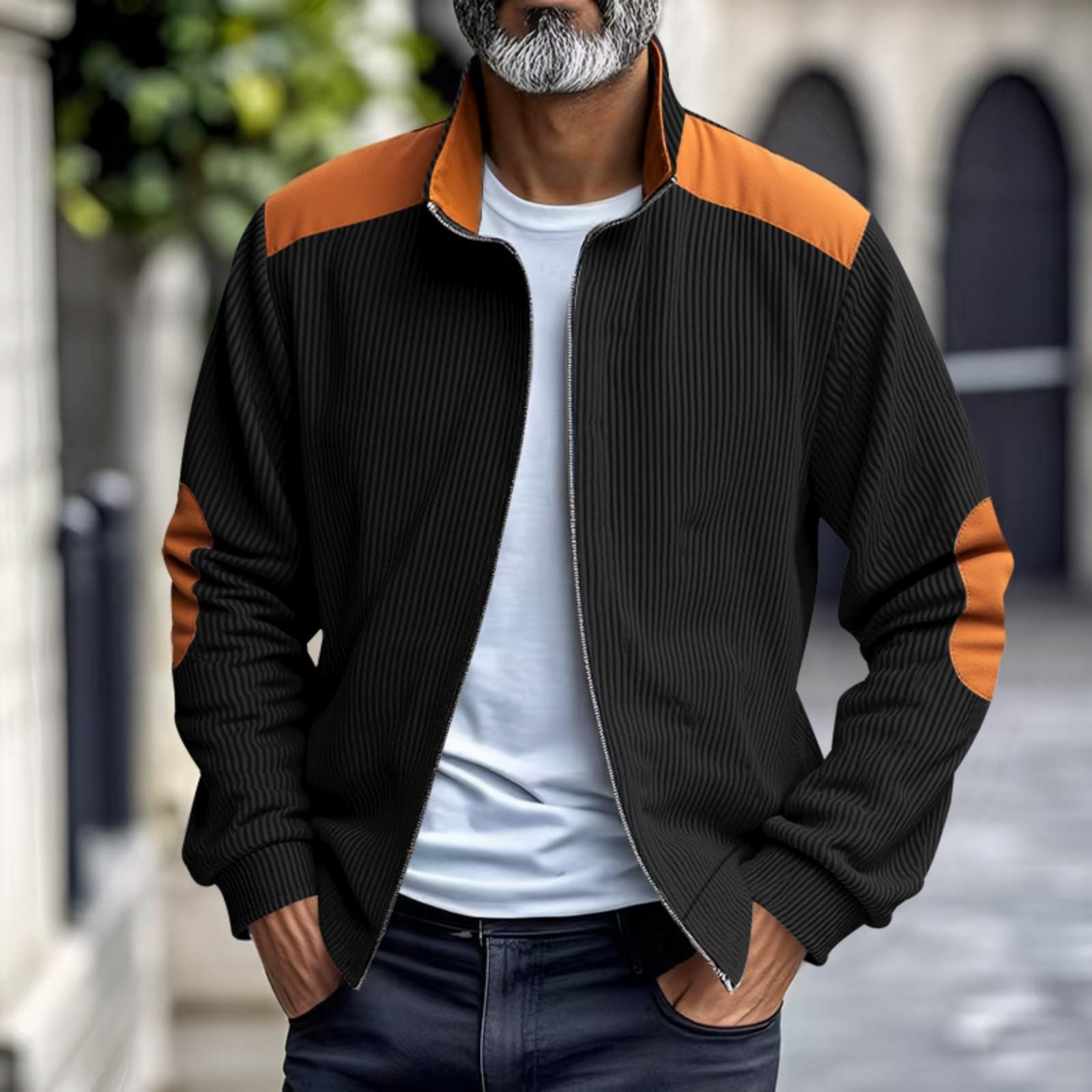 

Men s Vintage Corduroy Casual Jacket - Stand Collar Zippered Colorblock Loose-Fit Baseball Jacket XXL чорний