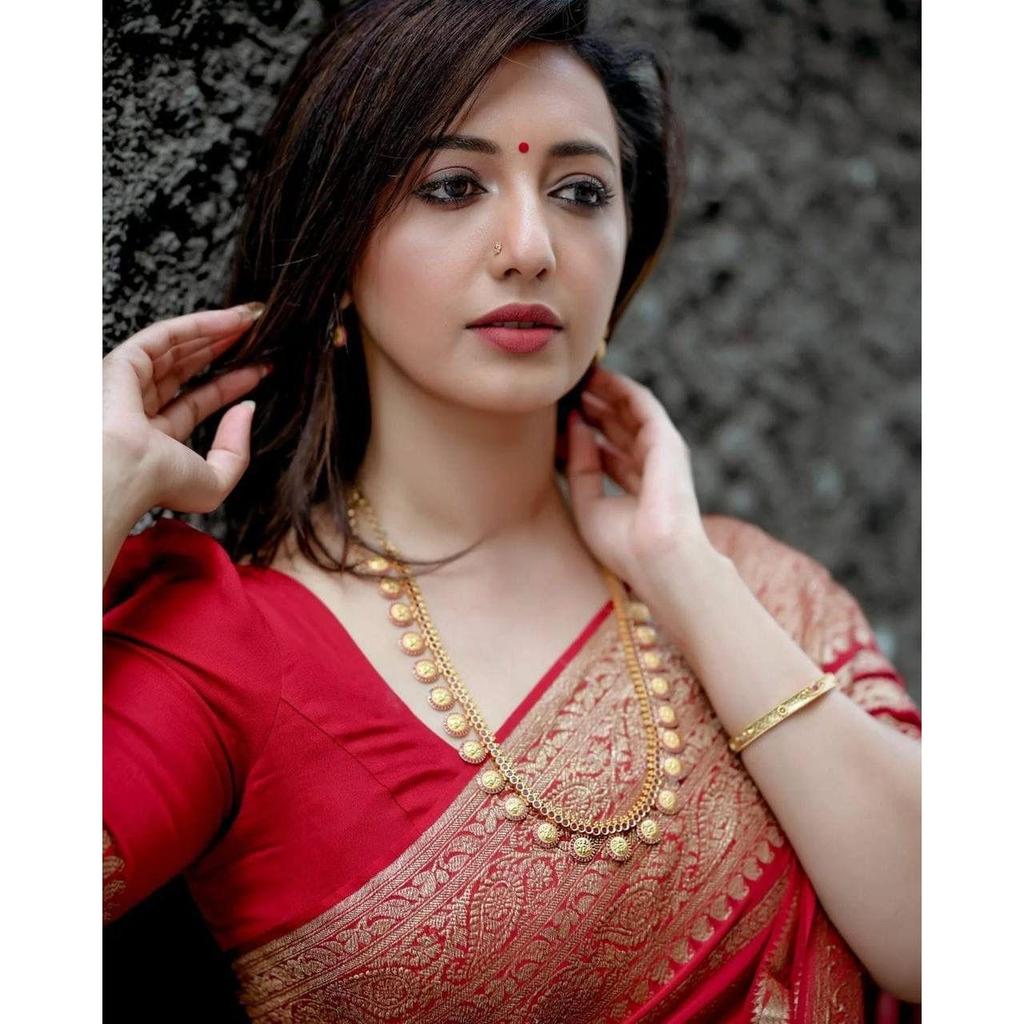 Silk Saree from the ALMAARI Store Is Adorned with Beautiful Zari Work In Form of Traditional Motifs.