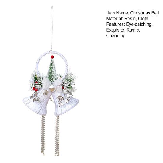 Christmas White Bell Ornament Vintage Rustic Jingle Bell Door Hanger with Artificial Flocking Tree Xmas Hanging Decoration for Holiday Tree Home Decor