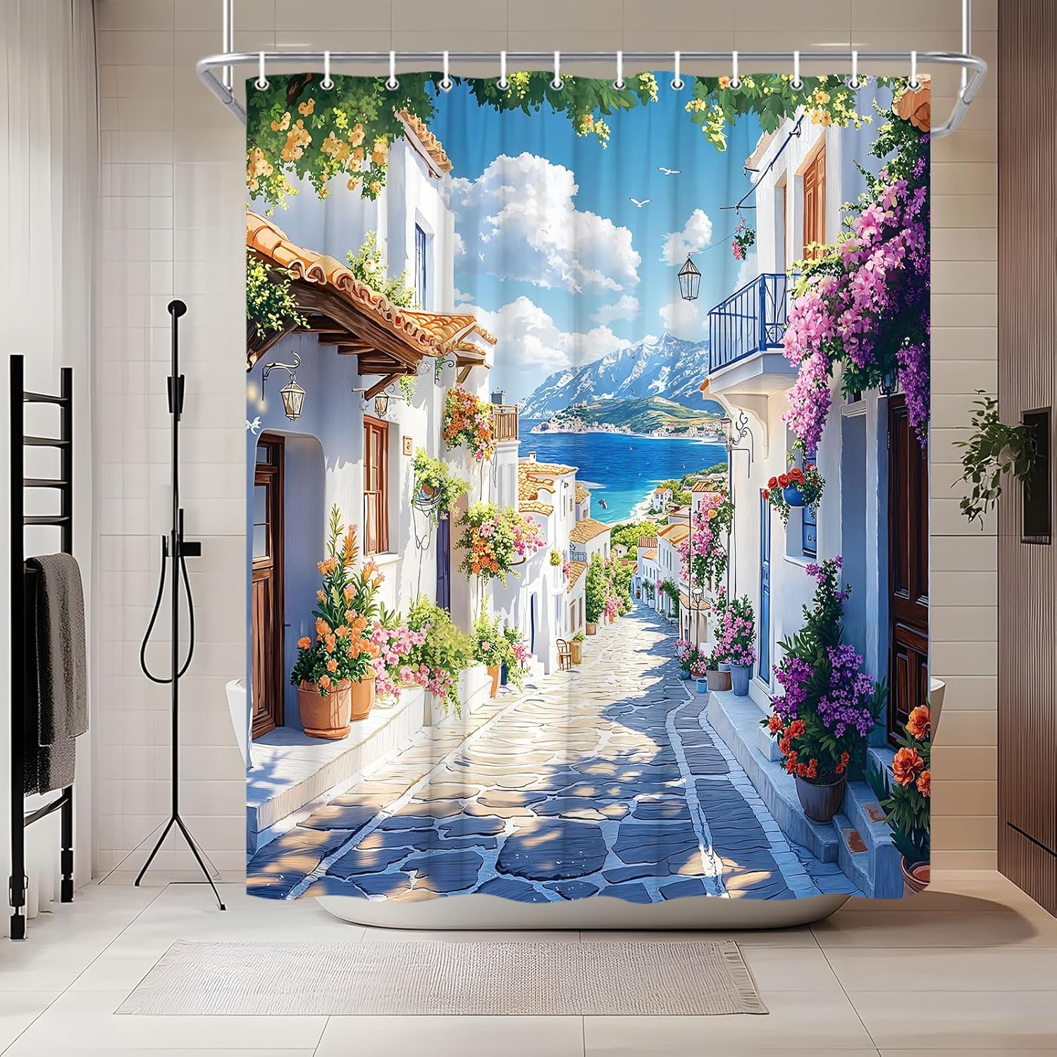 Dunika Chen White Coastal Shower Curtain Greece Natural Landscape Mediterranean Architecture Italian Rustic European City Town Street Shower