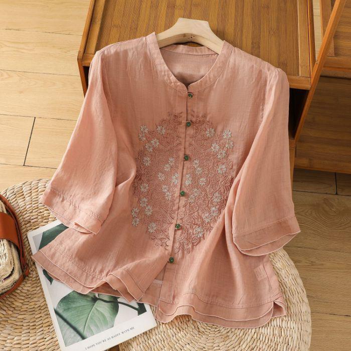 2025 Léto Dámská Literární Móda Ramie Výšivka Stojáček Blůza - Jednobarevná, Volný Střih, Pětirukávový Design