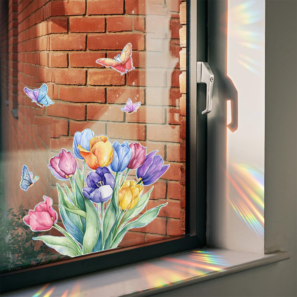 Colorful Flowers Tulips Butterflies Home Beautification and Decoration Glass Doors and Windows Static Window Stickers