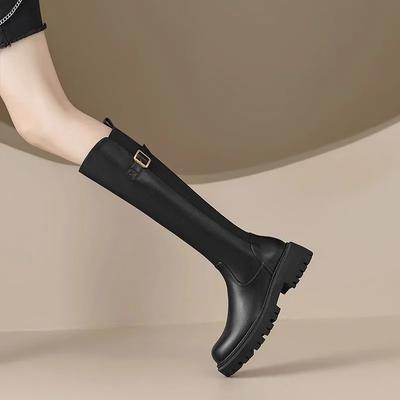 Mode Neue knielange Stiefel Damenmode Klobiger Absatz Plateau Lange Stiefel Herbst und Winter Damen Braun Runde Zehenpartie Reißverschluss Hohe Stiefel