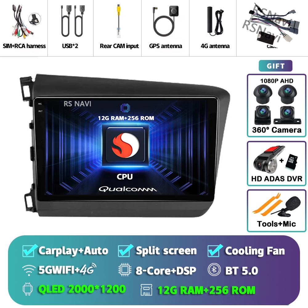 Android 14 Carplay Car Radio For Honda Civic 2012 - 2015 Multimedia Video Player Navigation GPS Stereo Head Unit 360 Camera DVD